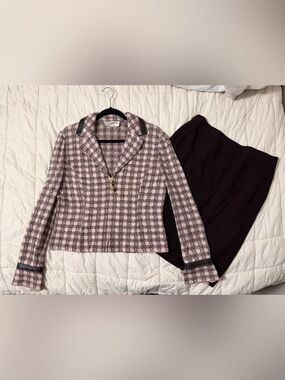 St. John Collection Pink Brown Check Knit Skirt Suit Leather Trim Size 8